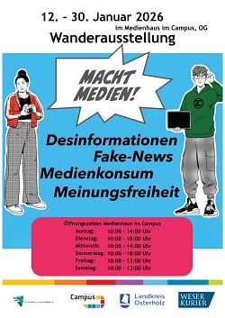 Die Graphik zeigt das Plakat der Ausstellung "Macht Medien".